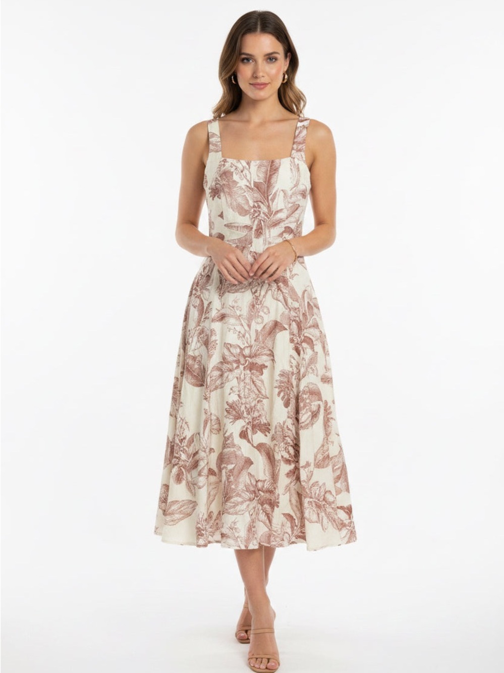 Sleeveless Square-Neck Maxi Dress in Cream with Rose Print